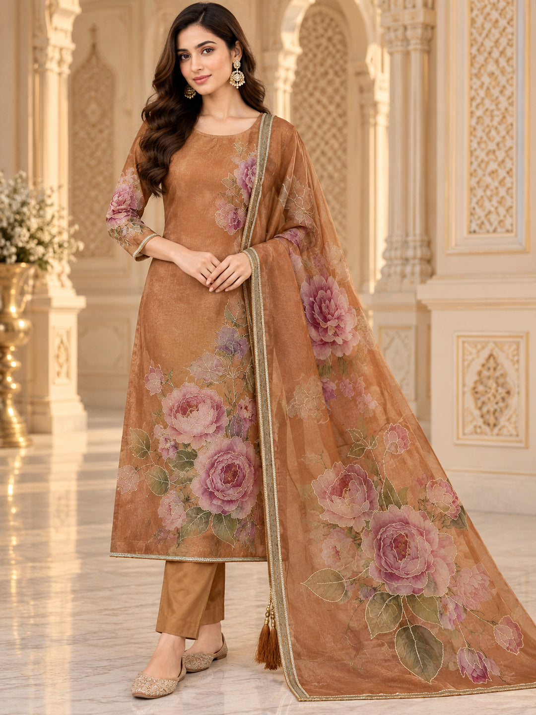 Rust Organza Printed Unstitched Dress Material