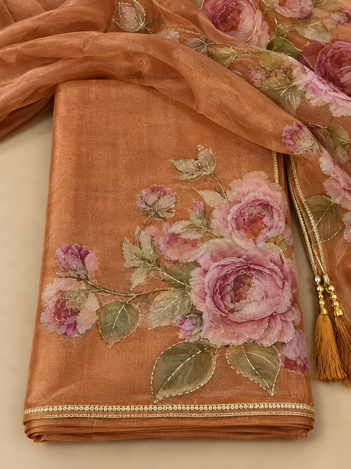 Rust Organza Printed Unstitched Dress Material