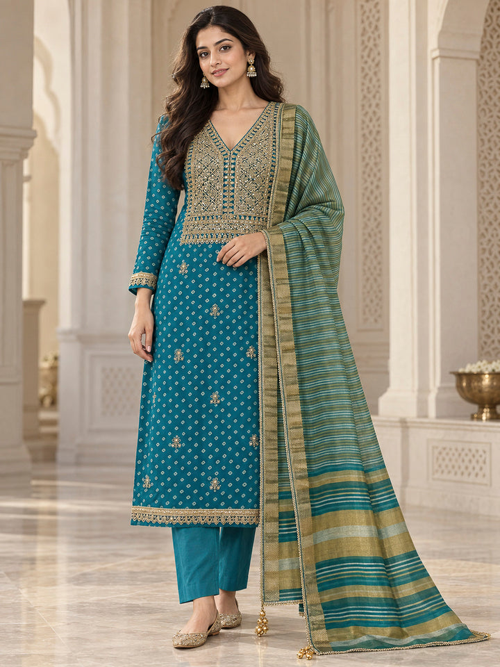 Blue Chanderi Embroidered Unstitched Dress Material