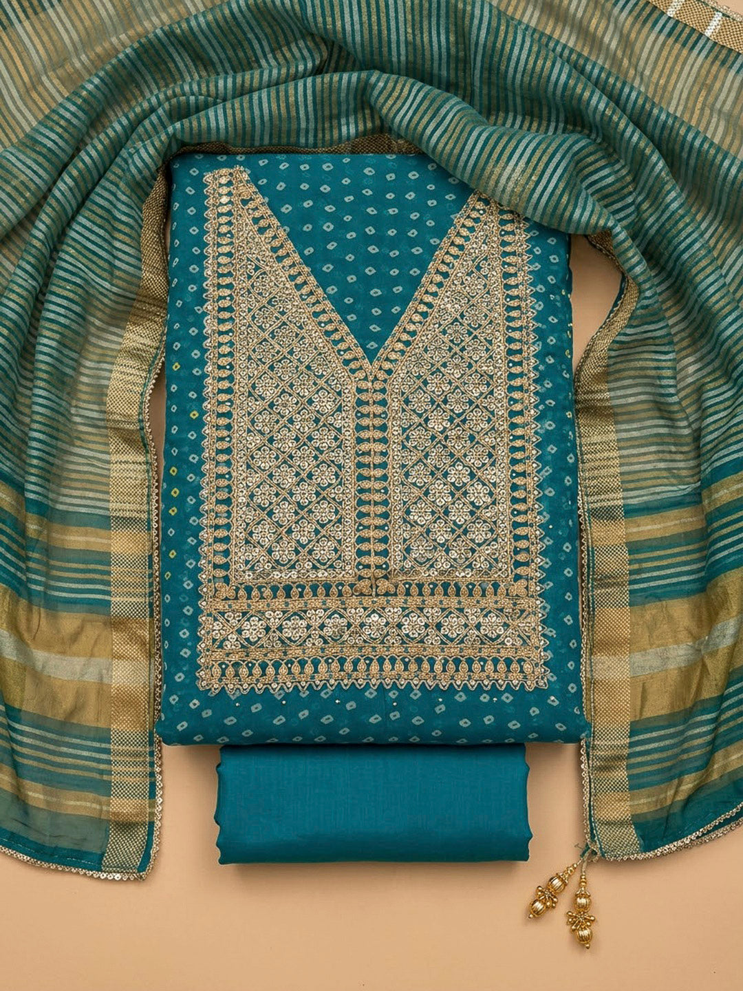 Blue Chanderi Embroidered Unstitched Dress Material