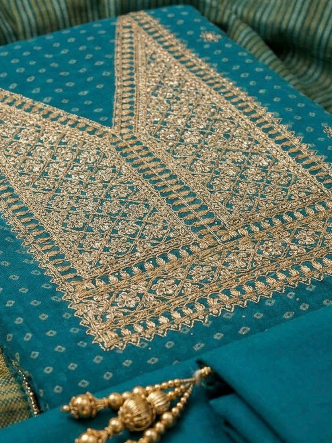 Blue Chanderi Embroidered Unstitched Dress Material