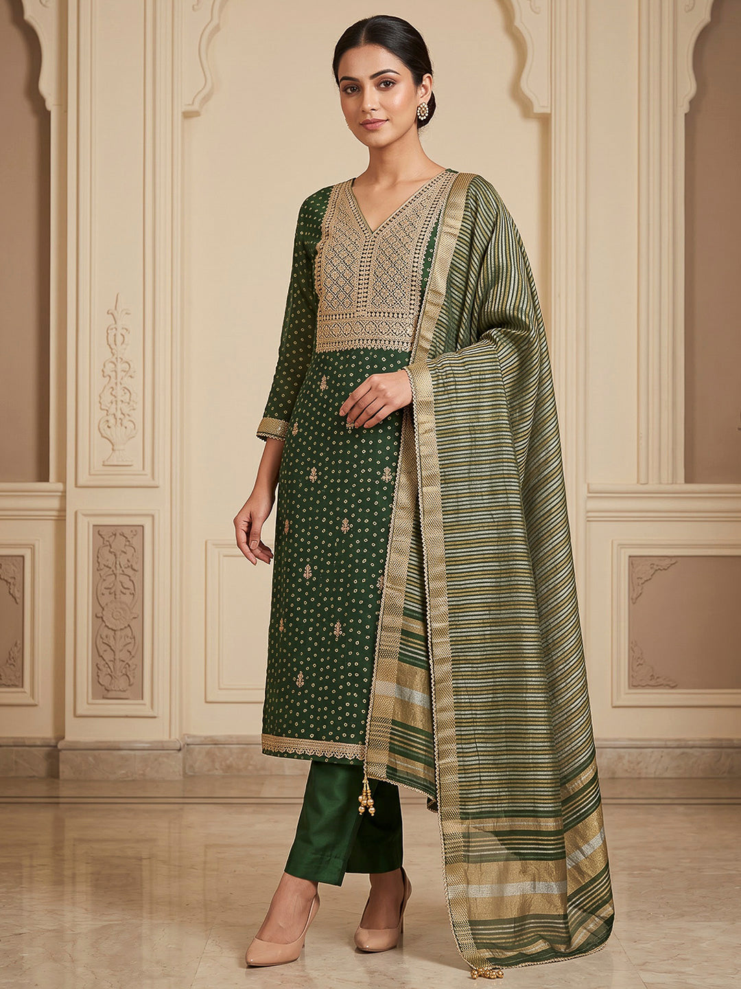 Bottle Green Chanderi Embroidered Unstitched Dress Material