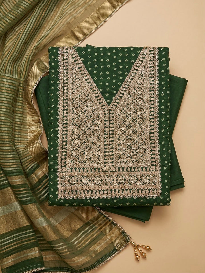 Bottle Green Chanderi Embroidered Unstitched Dress Material