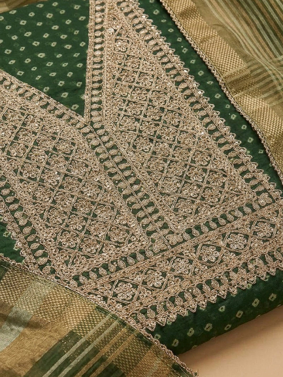 Bottle Green Chanderi Embroidered Unstitched Dress Material