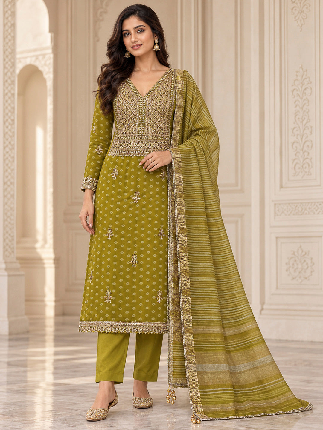 Mehndi Chanderi Embroidered Unstitched Dress Material