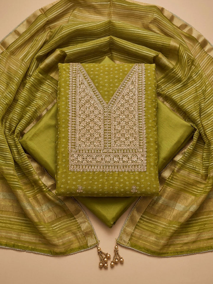 Mehndi Chanderi Embroidered Unstitched Dress Material