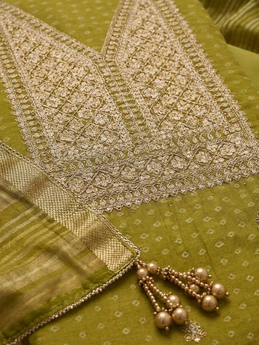 Mehndi Chanderi Embroidered Unstitched Dress Material