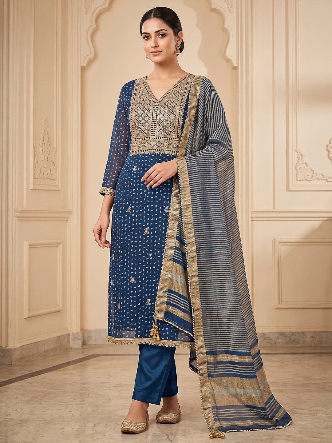 Navy Blue Chanderi Embroidered Unstitched Dress Material