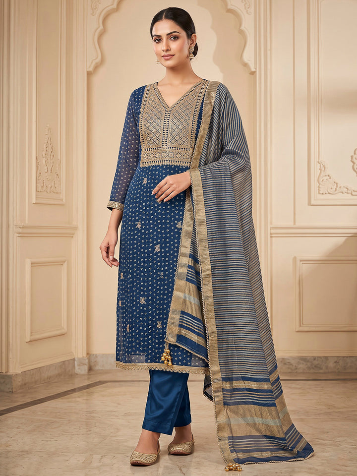 Navy Blue Chanderi Embroidered Unstitched Dress Material