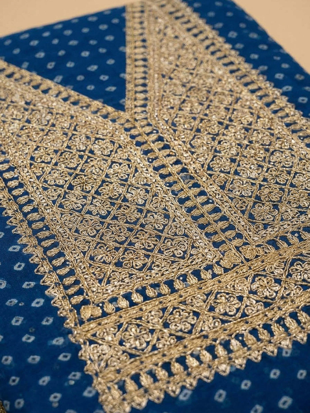 Navy Blue Chanderi Embroidered Unstitched Dress Material