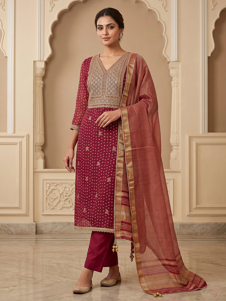Onion Pink Chanderi Embroidered Unstitched Dress Material