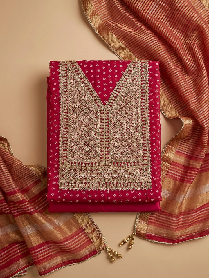 Onion Pink Chanderi Embroidered Unstitched Dress Material