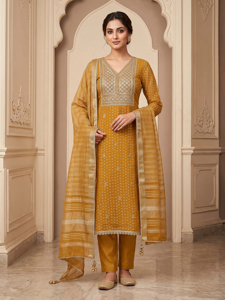 Rust Chanderi Embroidered Unstitched Dress Material