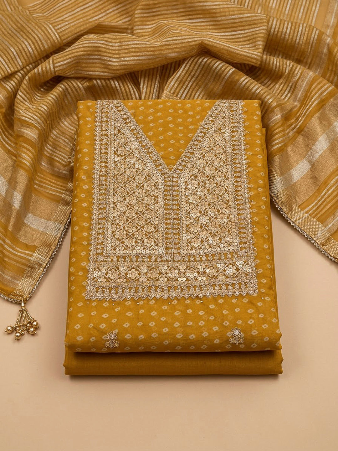 Rust Chanderi Embroidered Unstitched Dress Material