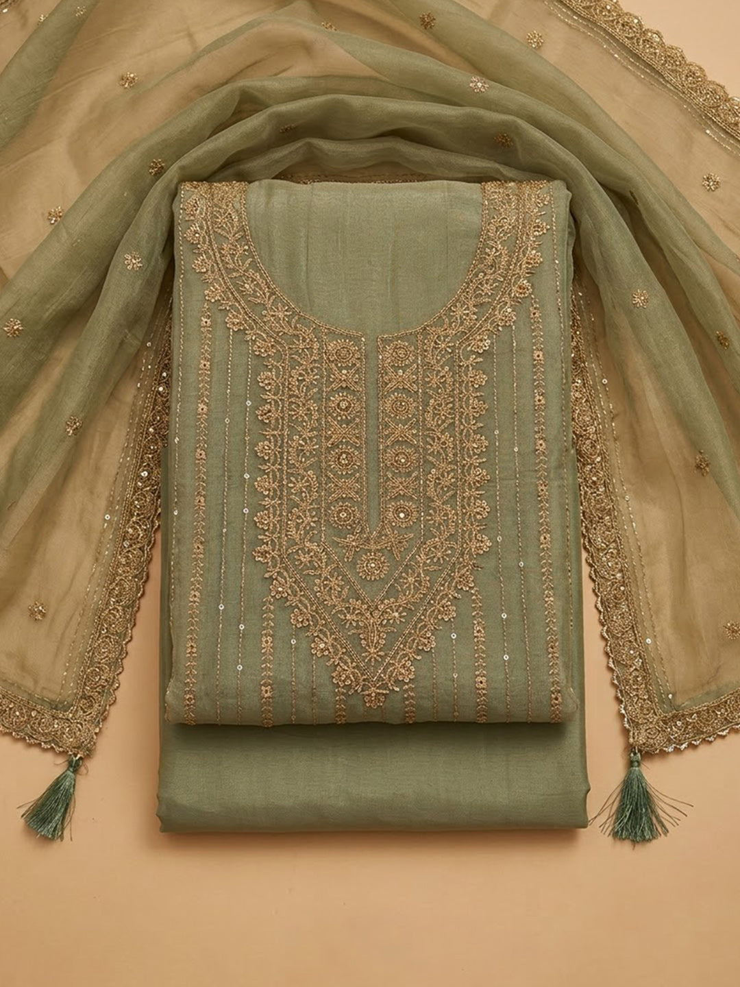 Aqua Green Organza Embroidered Unstitched Dress Material