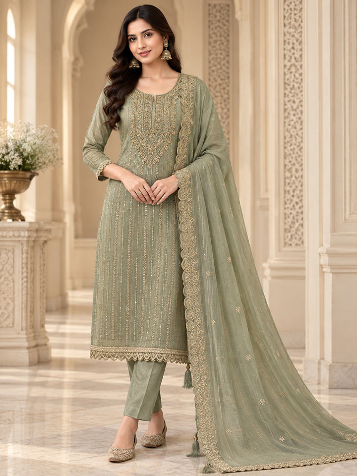 Aqua Green Organza Embroidered Unstitched Dress Material