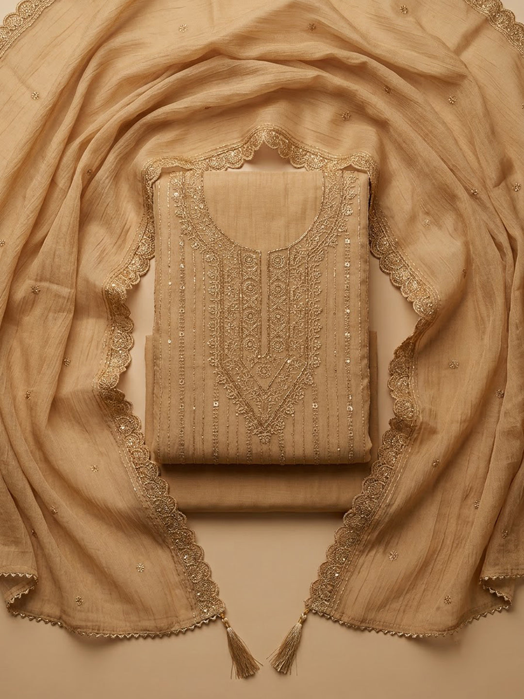 Beige Organza Embroidered Unstitched Dress Material