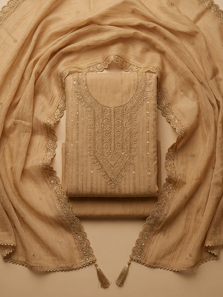 Beige Organza Embroidered Unstitched Dress Material