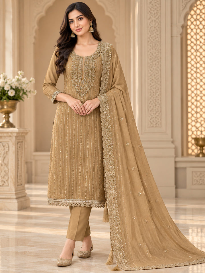 Beige Organza Embroidered Unstitched Dress Material