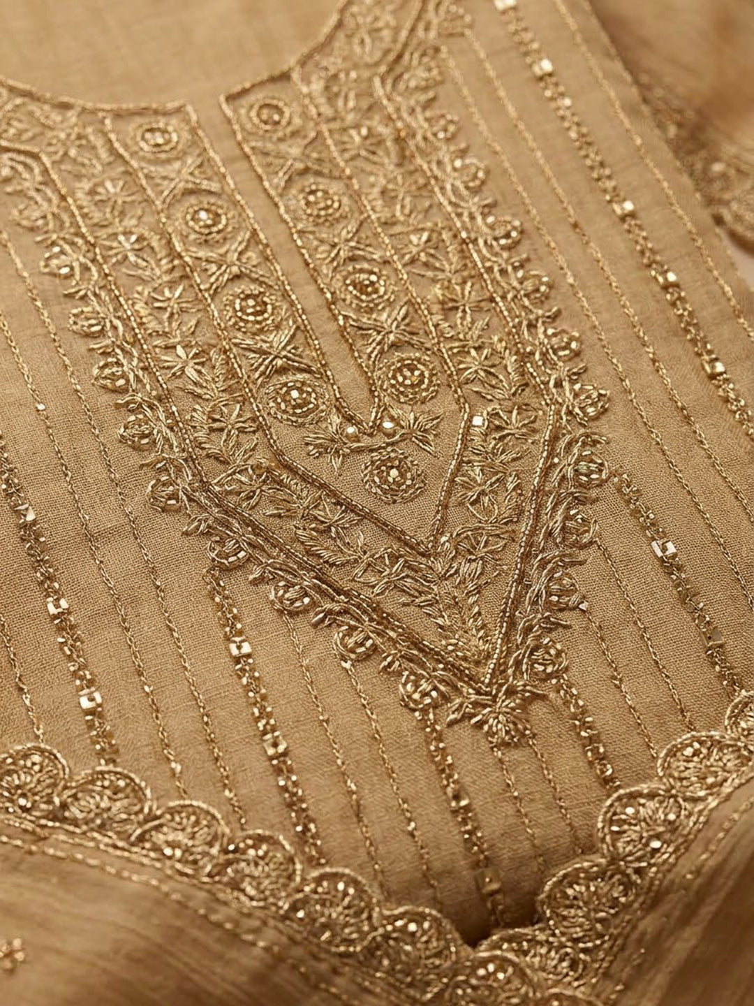 Beige Organza Embroidered Unstitched Dress Material