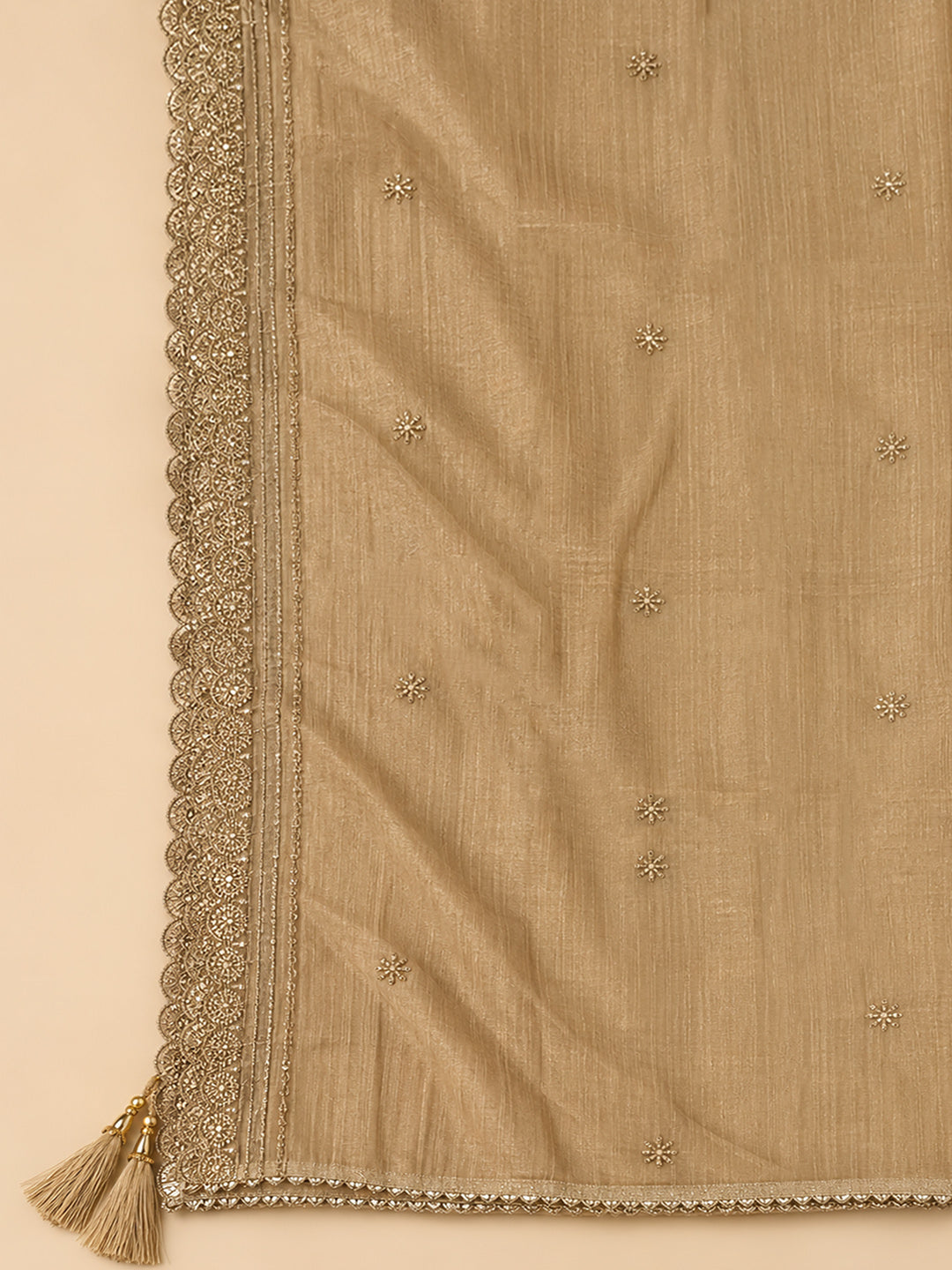Beige Organza Embroidered Unstitched Dress Material