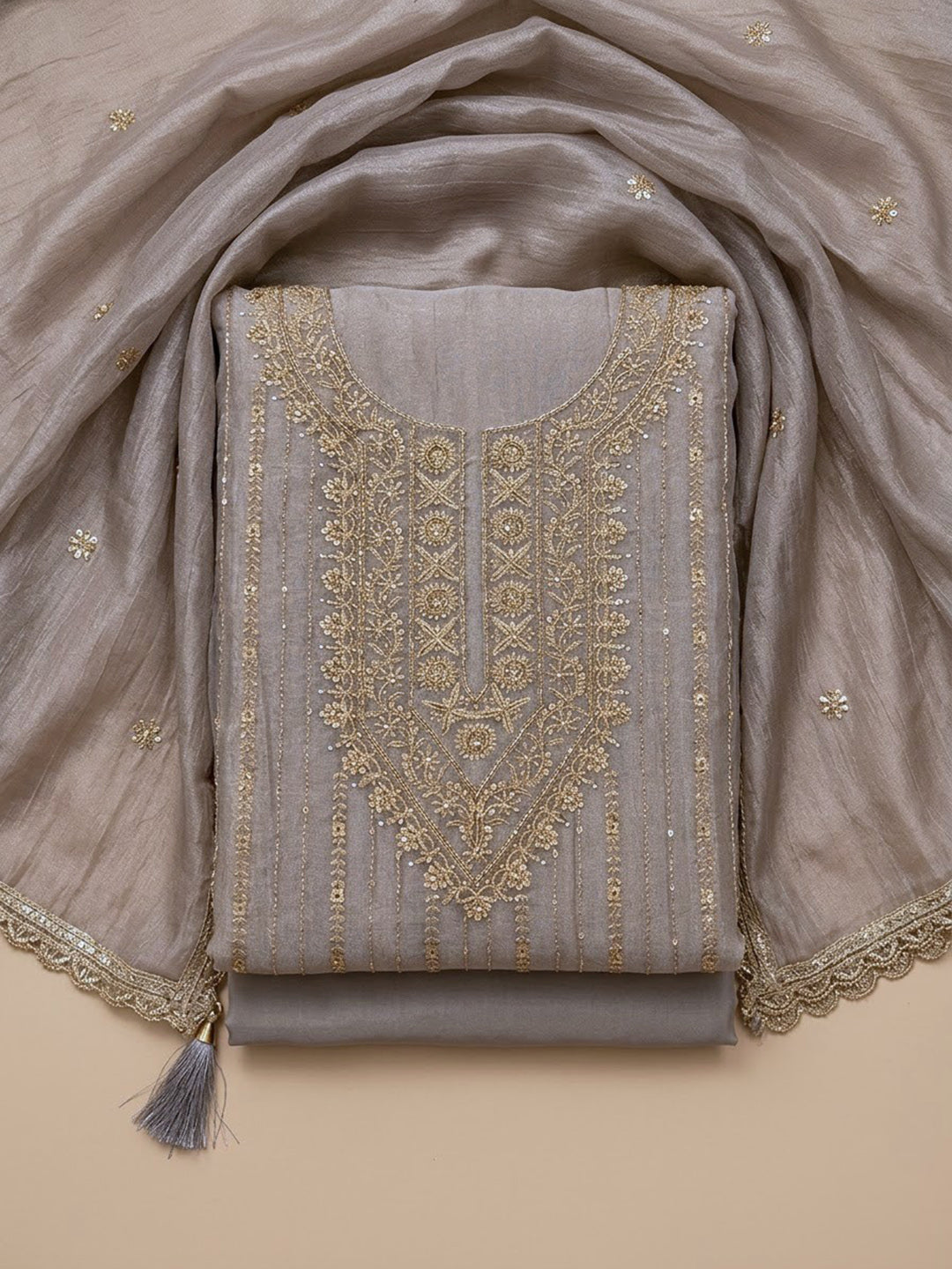 Grey Organza Embroidered Unstitched Dress Material