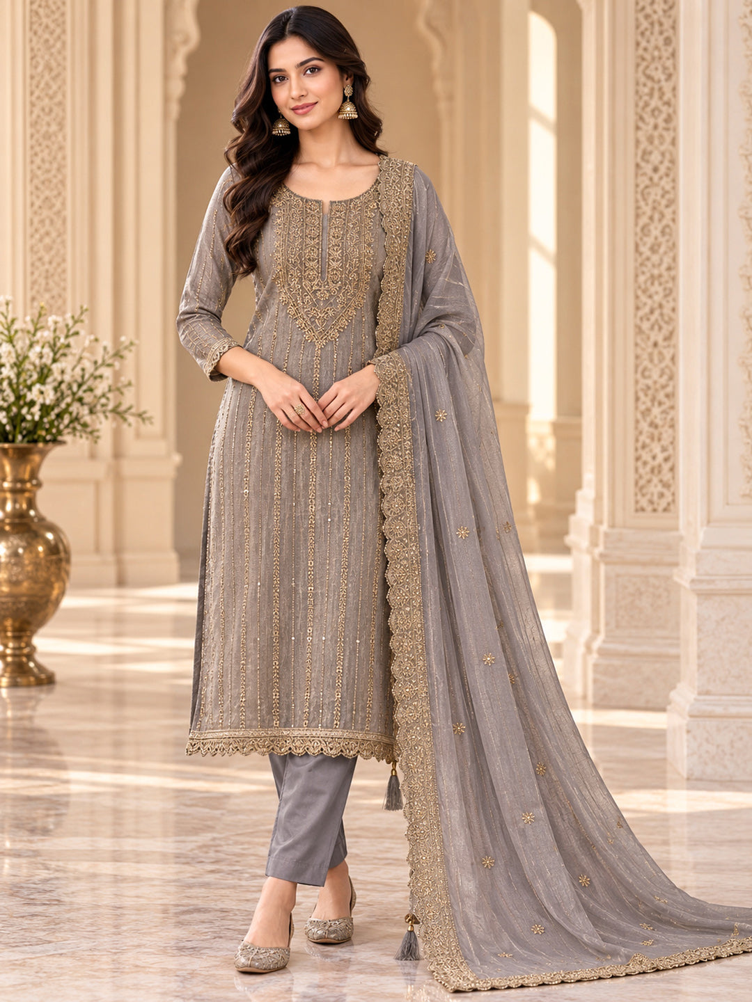 Grey Organza Embroidered Unstitched Dress Material