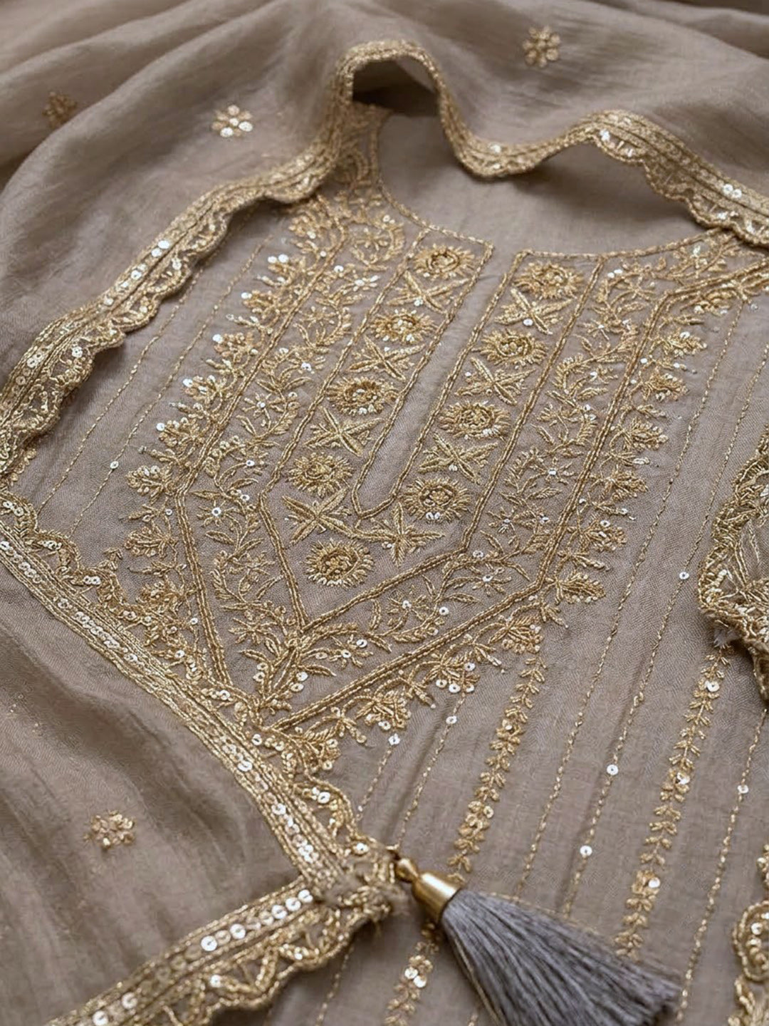 Grey Organza Embroidered Unstitched Dress Material