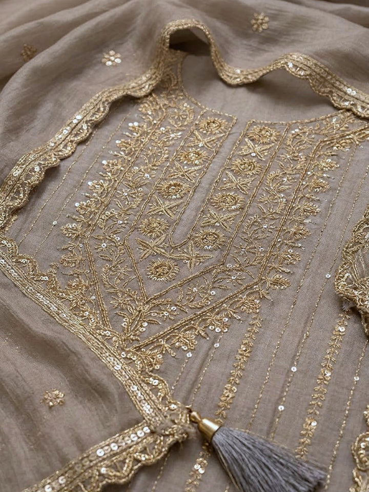 Grey Organza Embroidered Unstitched Dress Material