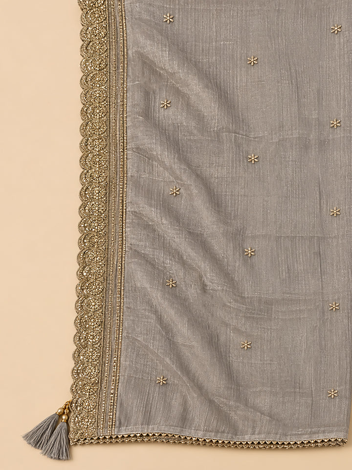 Grey Organza Embroidered Unstitched Dress Material