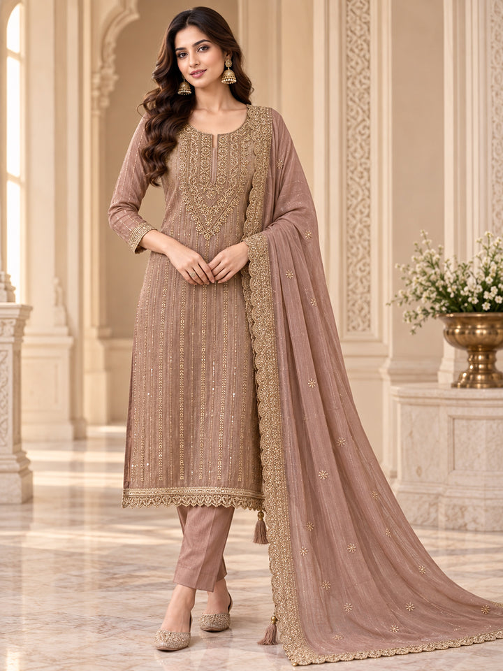 Peach Organza Embroidered Unstitched Dress Material