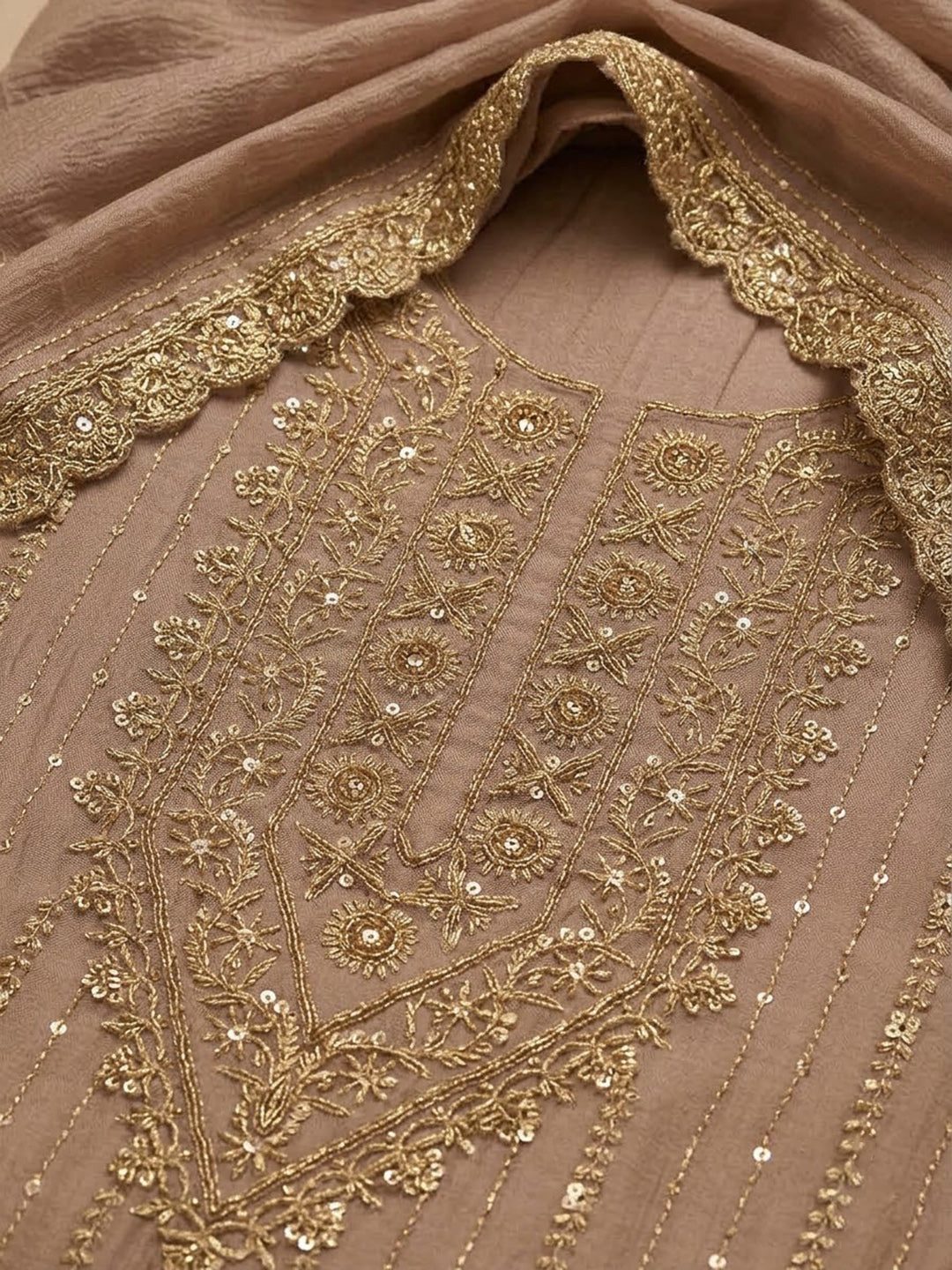 Peach Organza Embroidered Unstitched Dress Material