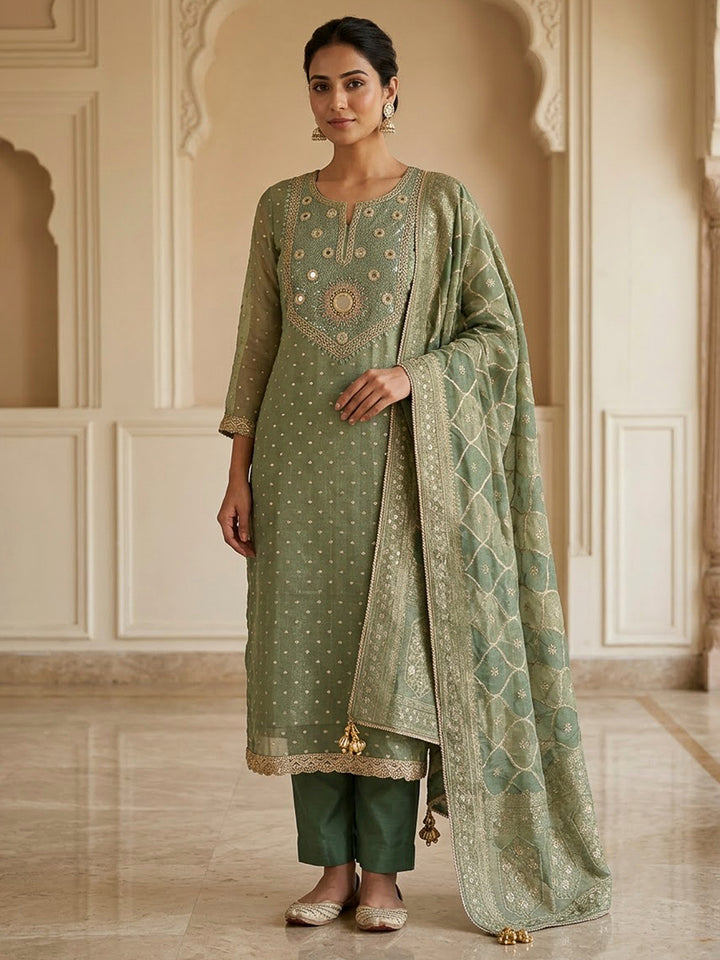 Aqua Green Chanderi Embroidered Unstitched Dress Material