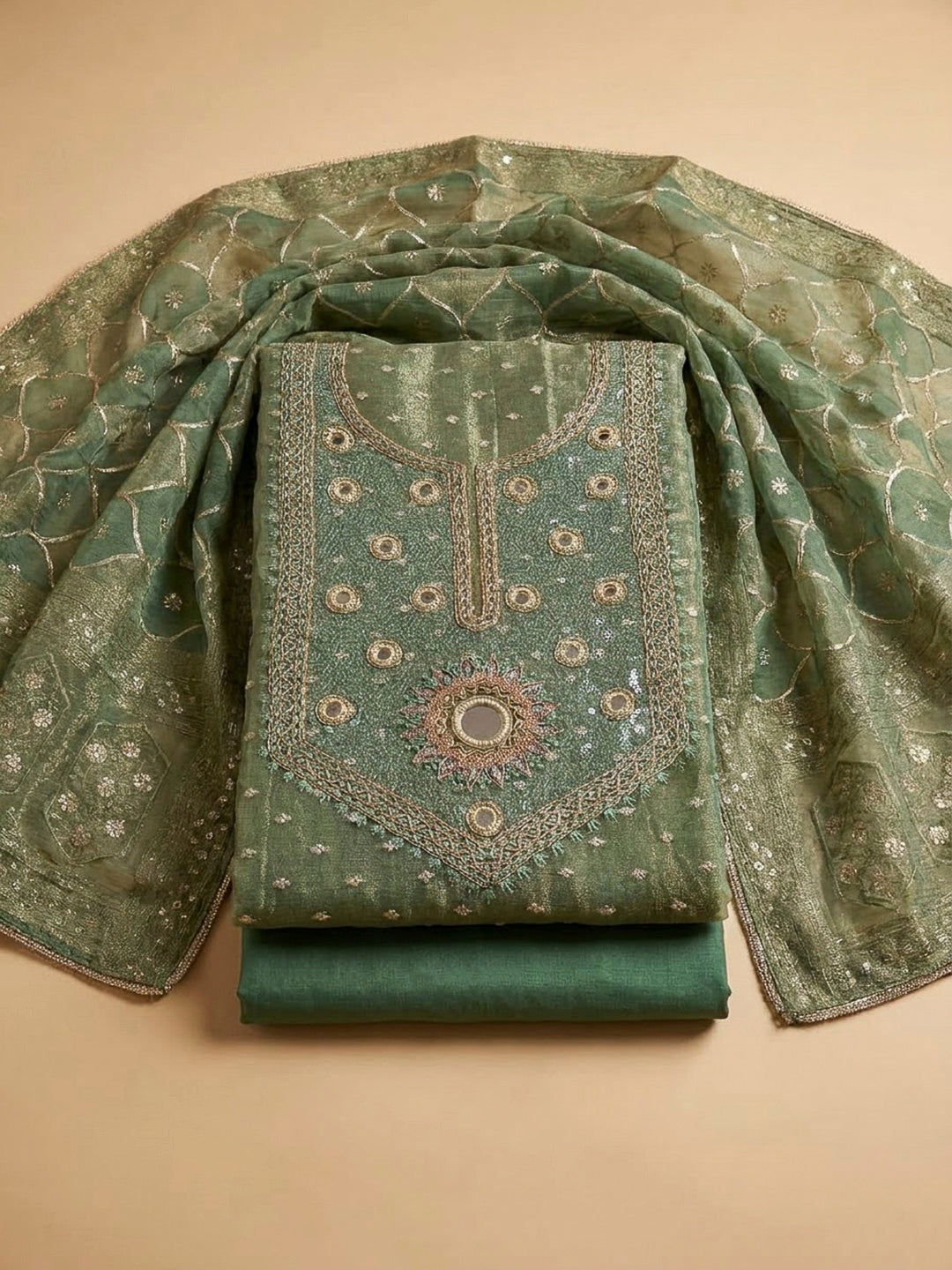 Aqua Green Chanderi Embroidered Unstitched Dress Material