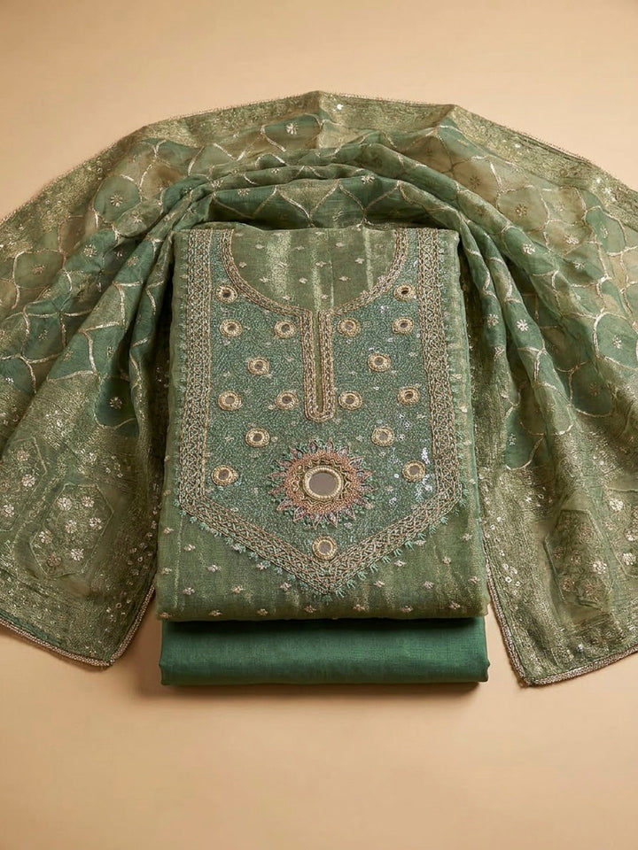 Aqua Green Chanderi Embroidered Unstitched Dress Material