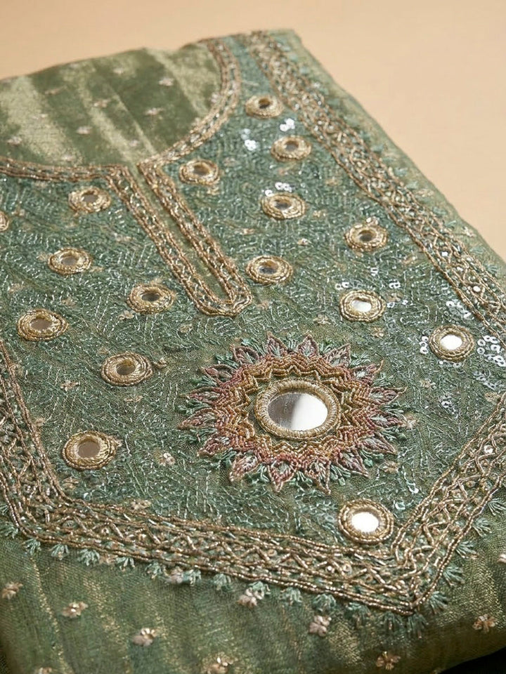 Aqua Green Chanderi Embroidered Unstitched Dress Material