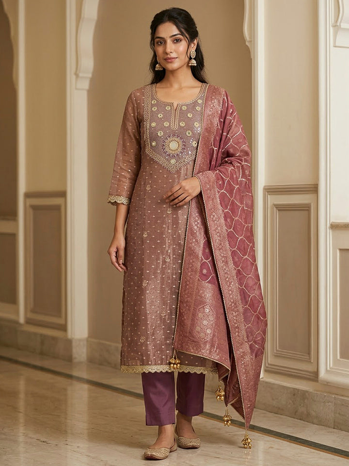 Dusty Pink Chanderi Embroidered Unstitched Dress Material