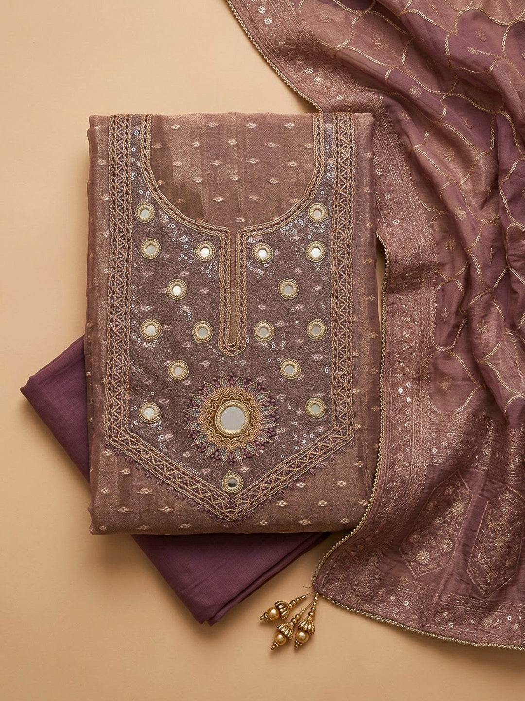 Dusty Pink Chanderi Embroidered Unstitched Dress Material