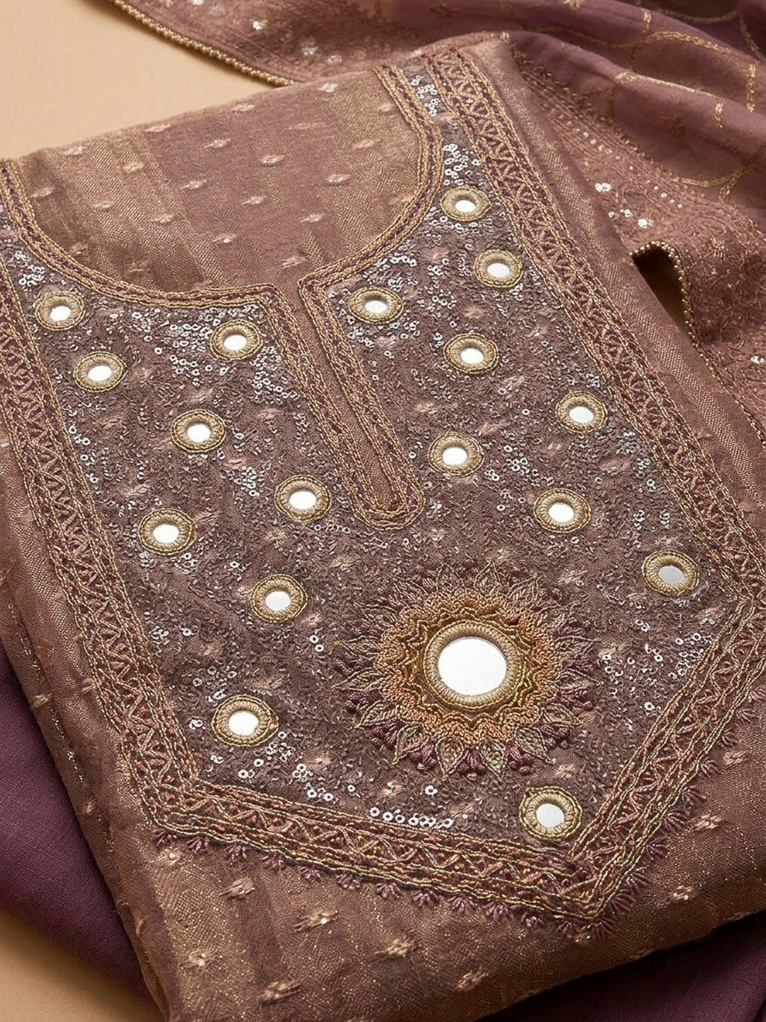 Dusty Pink Chanderi Embroidered Unstitched Dress Material