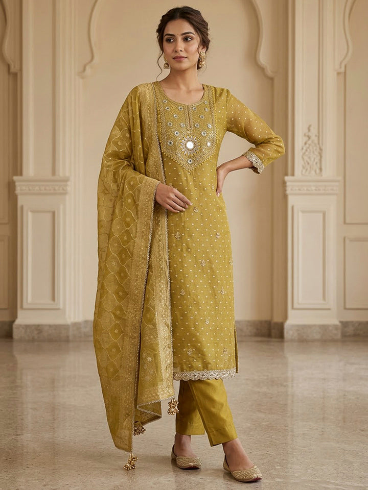 Mustard Chanderi Embroidered Unstitched Dress Material