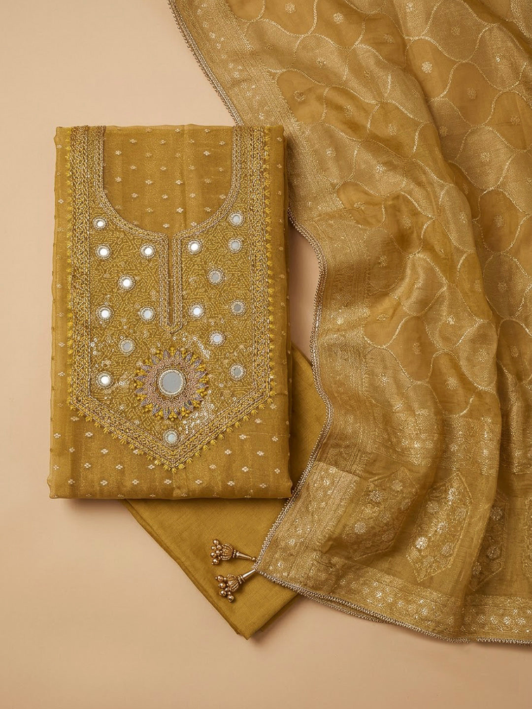 Mustard Chanderi Embroidered Unstitched Dress Material