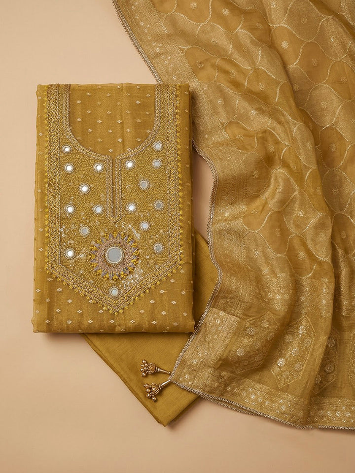 Mustard Chanderi Embroidered Unstitched Dress Material