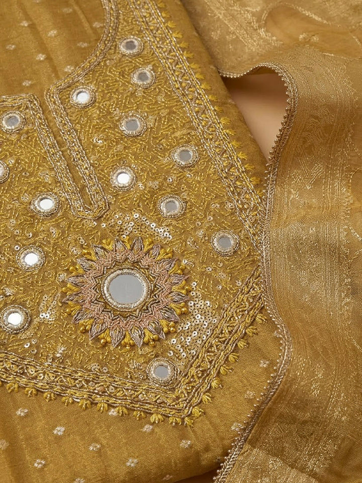 Mustard Chanderi Embroidered Unstitched Dress Material