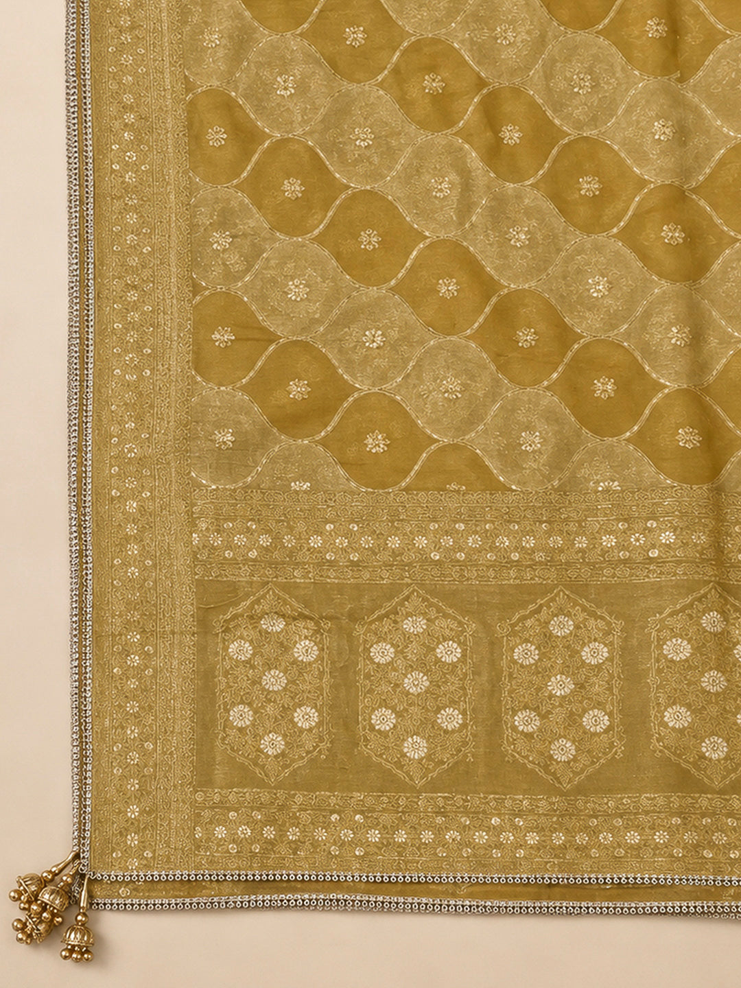 Mustard Chanderi Embroidered Unstitched Dress Material