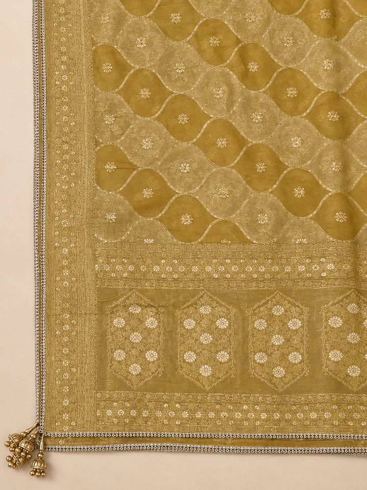 Mustard Chanderi Embroidered Unstitched Dress Material