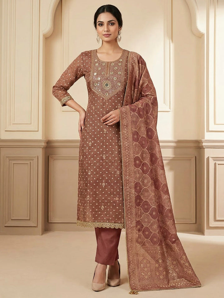 Onion Pink Chanderi Embroidered Unstitched Dress Material