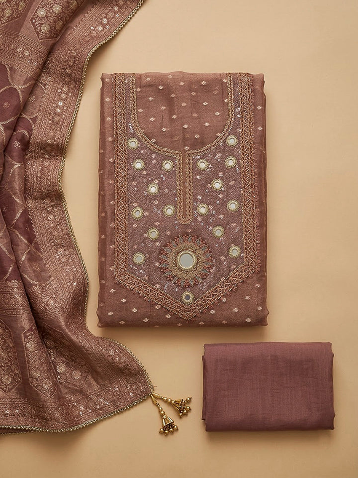 Onion Pink Chanderi Embroidered Unstitched Dress Material