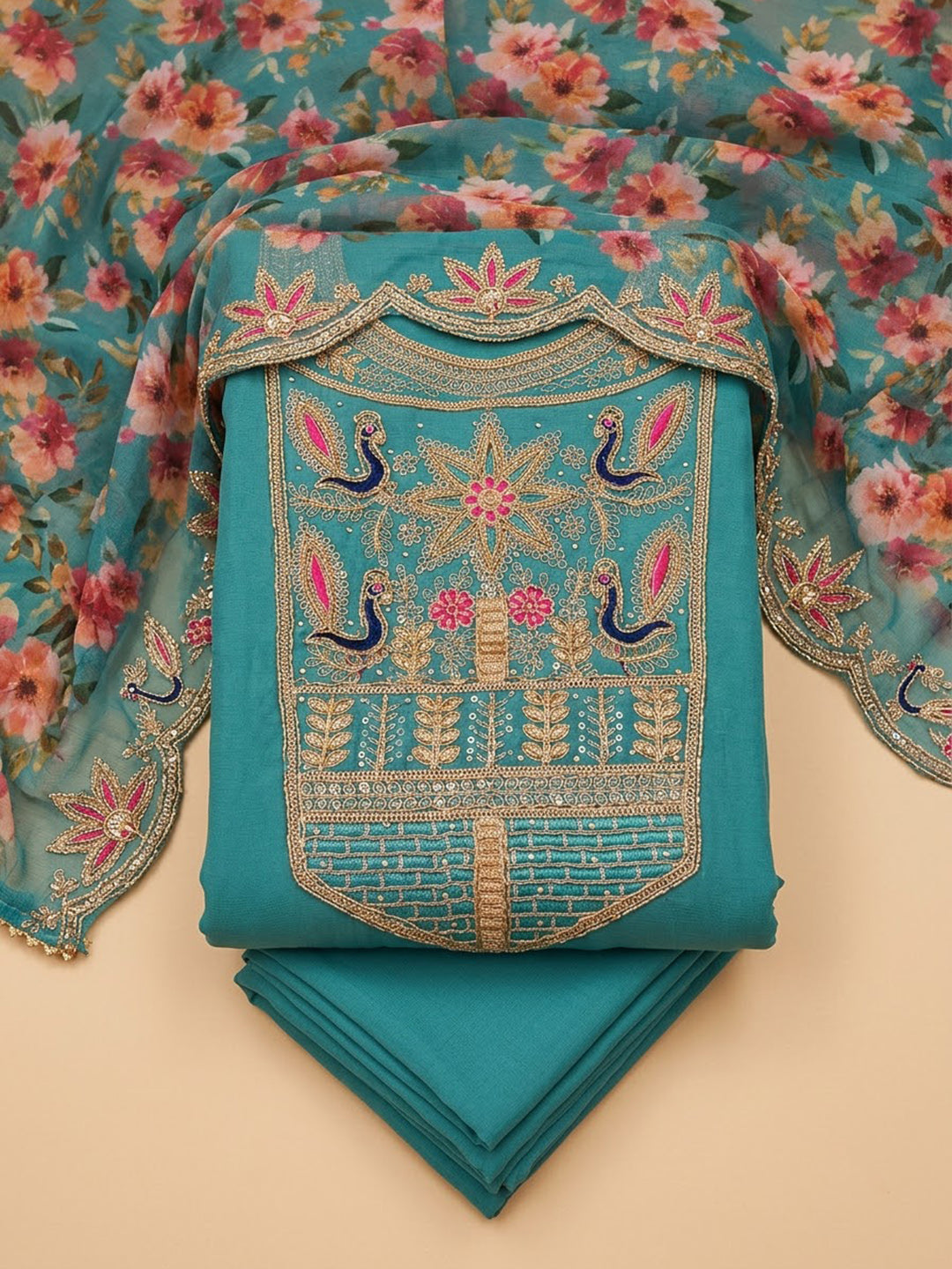 Firozee Chanderi Embroidered Unstitched Dress Material