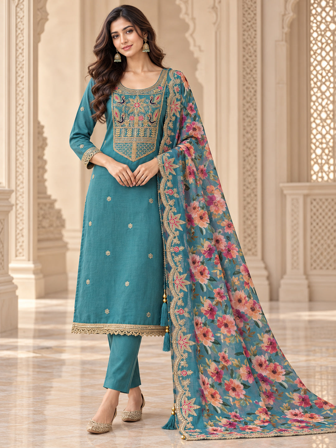 Firozee Chanderi Embroidered Unstitched Dress Material