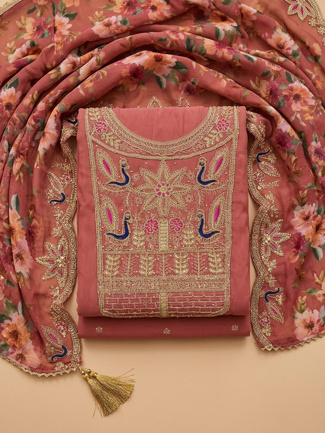 Onion Pink Chanderi Embroidered Unstitched Dress Material